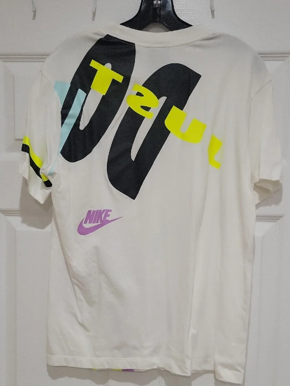 Nike White Tee with Pink Logo and Pastel Graphic
